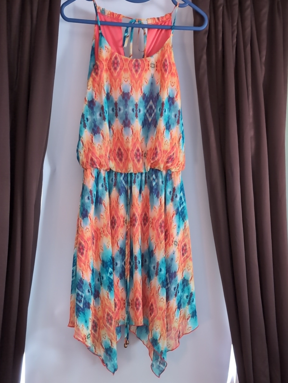 City Triangles Coral & Teal Printed Handkerchief Hem Dress